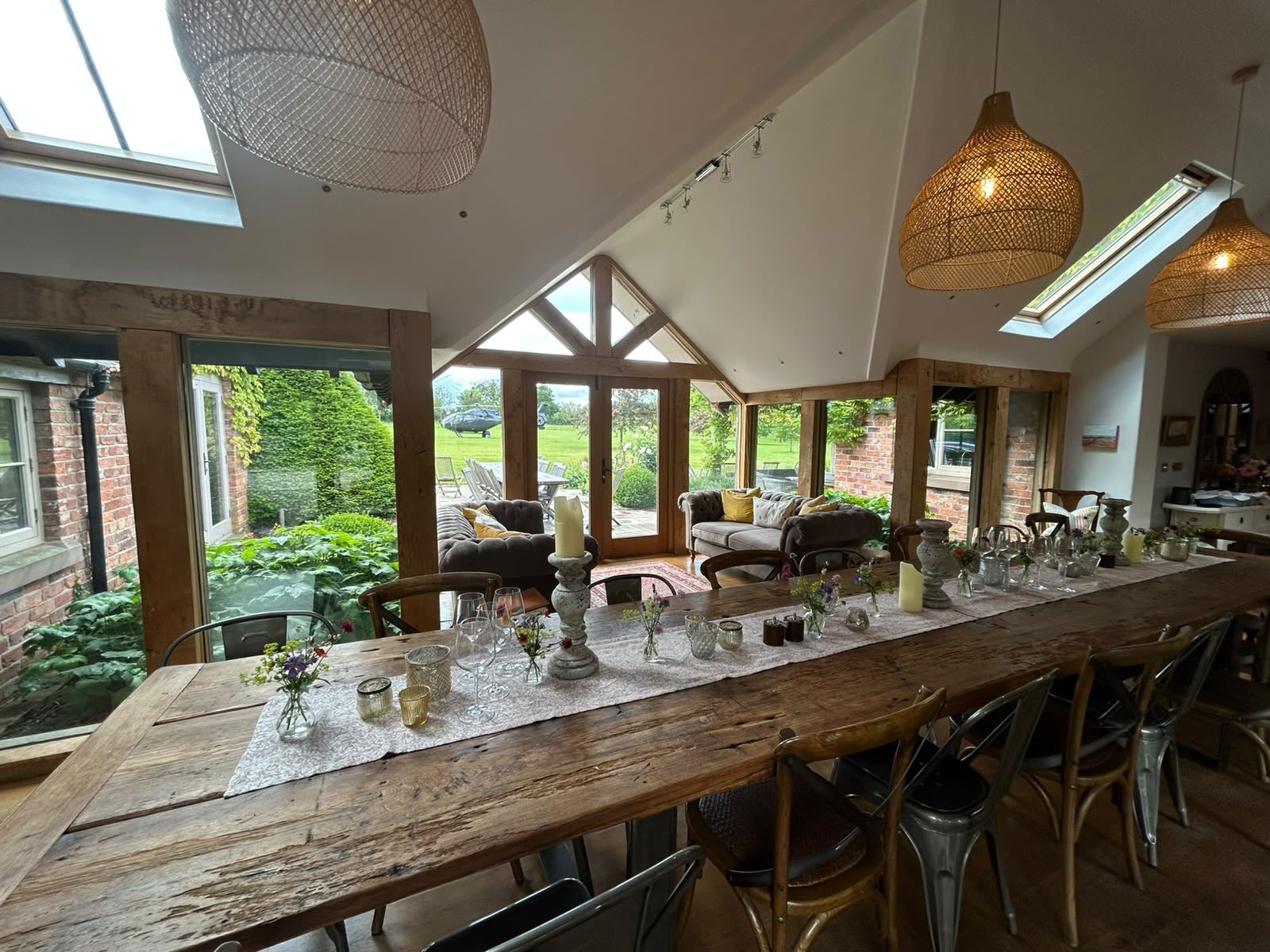 The dining barn set for dinner